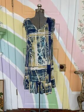 Jams World Gemini Tank Dress Blueprint Size S Rayon Made Hawaii Ruffle W3129